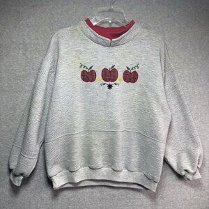 Vintage Sweatshirt Apple Patch Plaid Women’s Size Large Gray Red Grandma Cottage